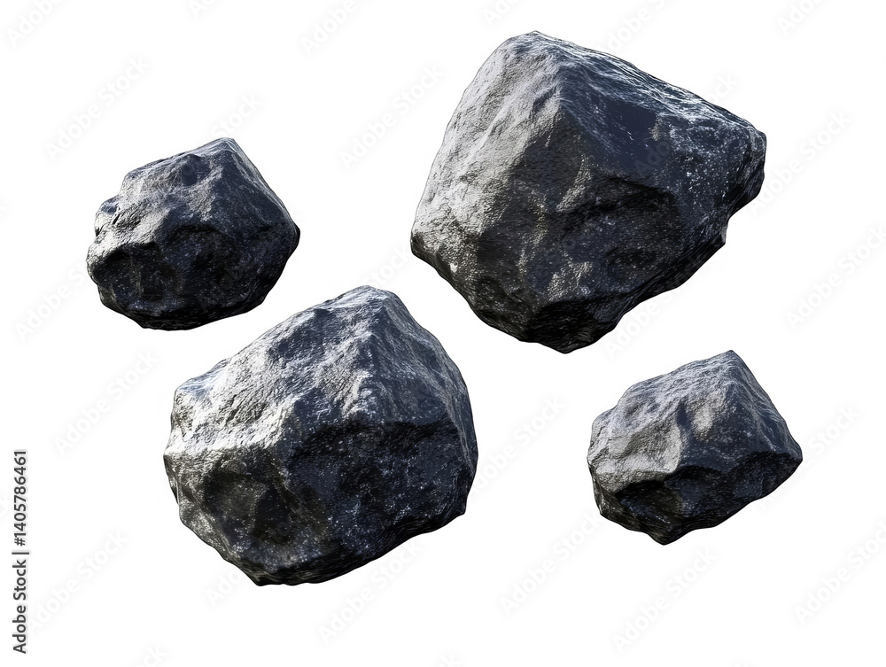 Realistic 3D Render of Shiny Black Rock Fragments with Transparent Background Realistic 3D Render of Shiny Black Rock Fragments with Transparent Background