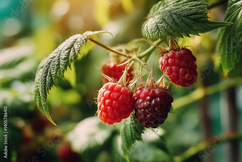 Ripe and Unripe Raspberries Growing on a Green Vine in a Garden During a Sunny Afternoon