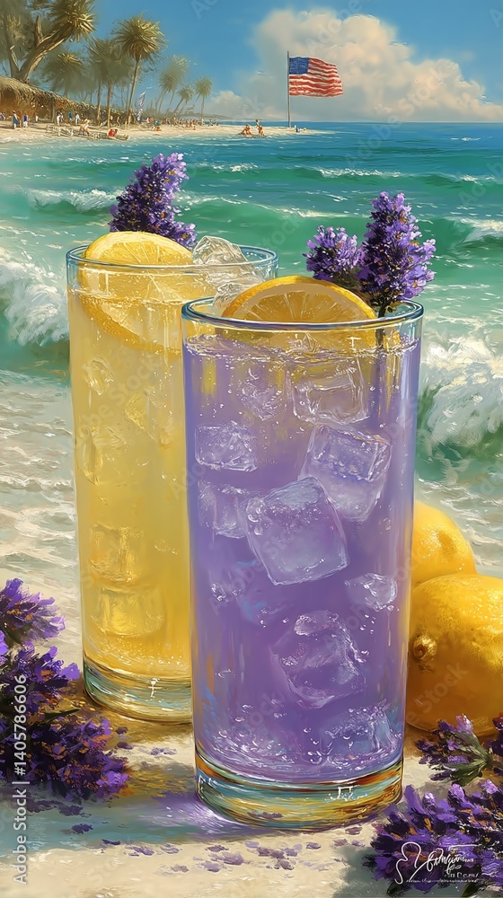 Refreshing Lavender Lemonade Served on a Sunny Beach With Ocean Backdrop