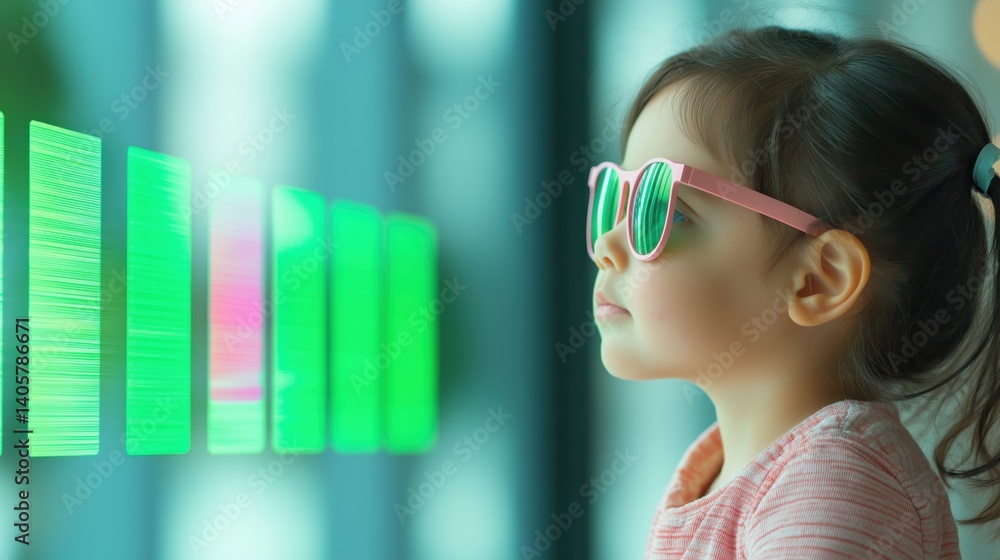 Child with Sunglasses Observing Financial Forecasting Data Visualization in Modern Environment