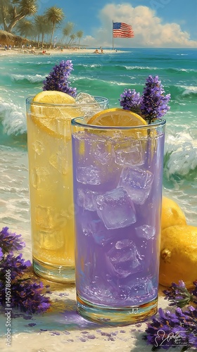 Obraz na płótnie Refreshing Lavender Lemonade Served on a Sunny Beach With Ocean Backdrop w salonie