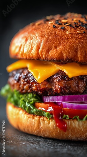Juicy Burger With Cheddar Cheese and Fresh Vegetables on a Soft Bun