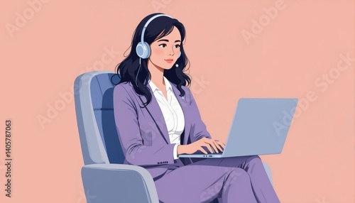 Flat Design Illustration of Professional Woman Working on Laptop with Headphones in Office Setting