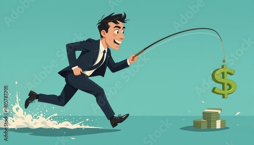 Flat Design Illustration of a Businessman Chasing Money with a Fishing Rod Representing Ambition and Motivation
