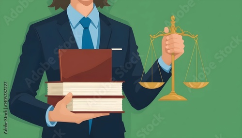 Flat Design Illustration of a Lawyer Holding Scales of Justice and Law Books Representing Legal Expertise