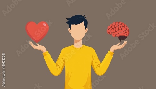 Flat Design Illustration of a Person Balancing Heart and Brain Representing Emotion and Logic