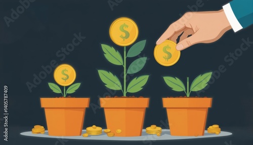 Flat Design Illustration of Financial Investment Growth with Hand Planting Gold Coin Plants