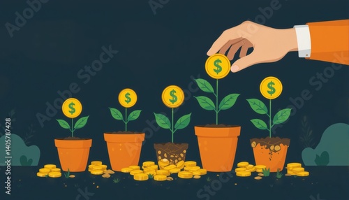 Flat Design Illustration of Hand Planting and Nurturing Gold Coin Plants, Financial Investment Growth Concept
