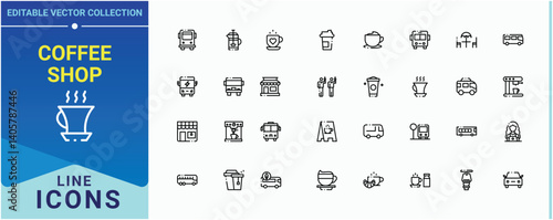 Coffee Shop icon pack. Contains such symbols as beverage, restaurant, drink, cake, shop, coffee, breakfast and more. Minimal thin line web icons set. Cafe icon collection. Vector illustration.