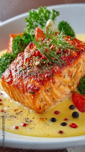 Obraz na płótnie Delicious Grilled Salmon Served With Herbs and Vegetables in a Savory Sauce w salonie