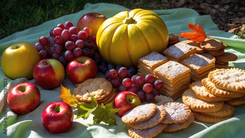 An energetic picnic setup is presented on a light green cloth, highlighting different fruits including apples and a yellow melon, paired with baked delights and attractive leaves. An energetic picnic setup is presented on a light green cloth, highlighting different fruits including apples and a yellow melon, paired with baked delights and attractive leaves.