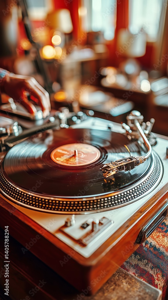 Vintage Turntable Spinning Vinyl Record in a Cozy Living Space During Early Evening Hours