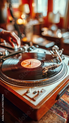 Obraz na płótnie Vintage Turntable Spinning Vinyl Record in a Cozy Living Space During Early Evening Hours w salonie