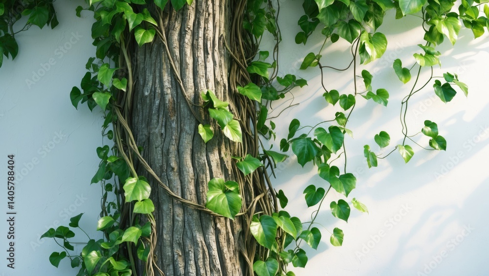 Tree trunks in a forest with climbing vines and green leaves on a white background, clipping path included.