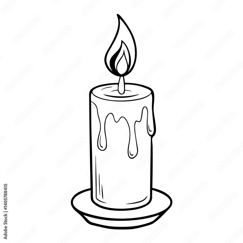 Obraz premium Candle with Flame Melting on Plate Outline Illustration 