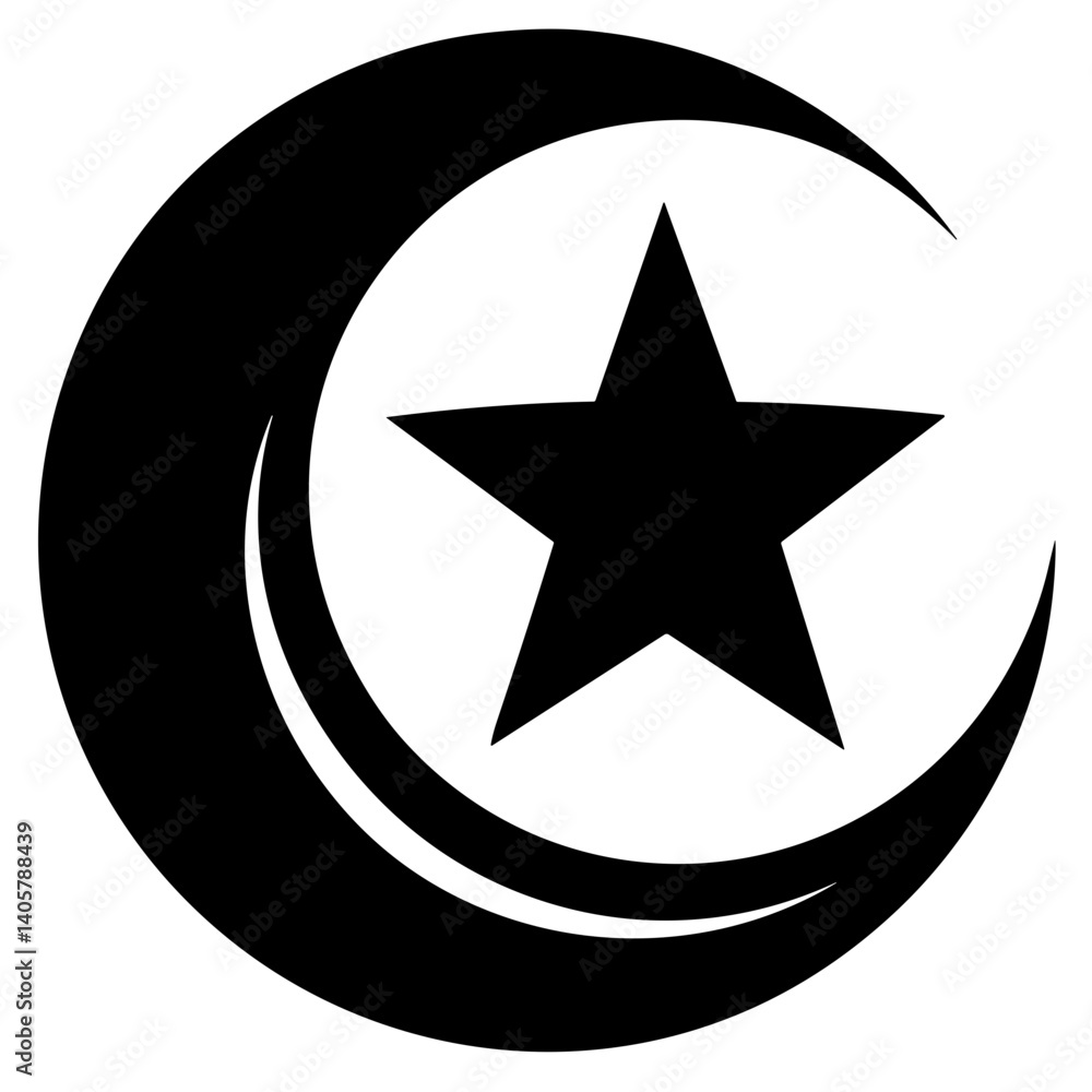 Islamic star and crescent moon symbol in black silhouette Islamic star and crescent moon symbol in black silhouette