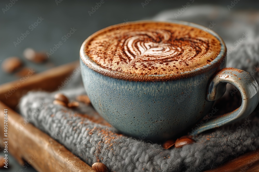 Warm Coffee With Heart-Shaped Foam Art on Cozy Knit Fabric in a Rustic Setting