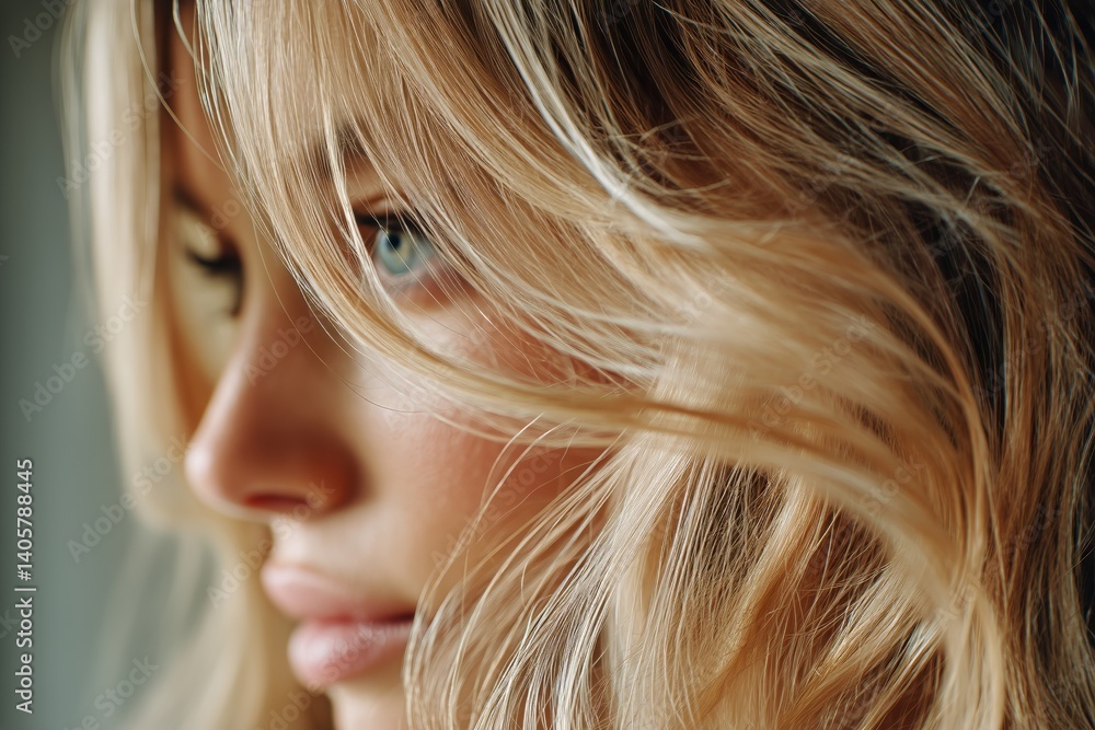 Captivating Close-Up of a Woman With Long Blonde Hair and Striking Blue Eyes