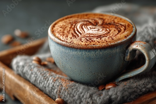 Obraz na płótnie Warm Coffee With Heart-Shaped Foam Art on Cozy Knit Fabric in a Rustic Setting w salonie