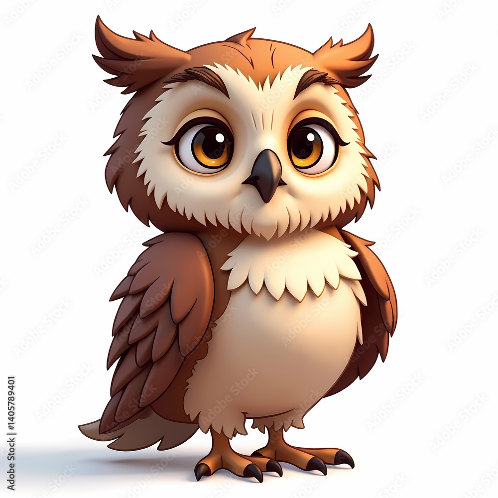 Illustration of a cartoon owl with brown and white feathers standing on a white background Illustration of a cartoon owl with brown and white feathers standing on a white background