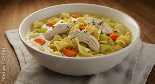 Delicious Chicken Noodle Soup in a White Bowl on Wooden Table Ready to Serve
