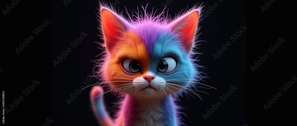 Vibrant and Playful Character Render of a Kitten with Surreal, Rainbow-Colored Fur and a Sweet, Innocent Expression.. Vibrant and Playful Character Render of a Kitten with Surreal, Rainbow-Colored Fur and a Sweet, Innocent Expression..