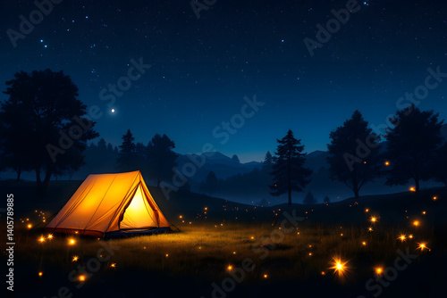 Magical Night Camping Scene with Glowing Tent and Fireflies in Forest Meadow Under a Starry Sky and Moonlight in the Mountains