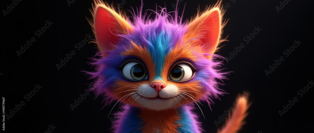Vibrant and Playful Character Render of a Kitten with Surreal, Rainbow-Colored Fur and a Sweet, Innocent Expression.. Vibrant and Playful Character Render of a Kitten with Surreal, Rainbow-Colored Fur and a Sweet, Innocent Expression..