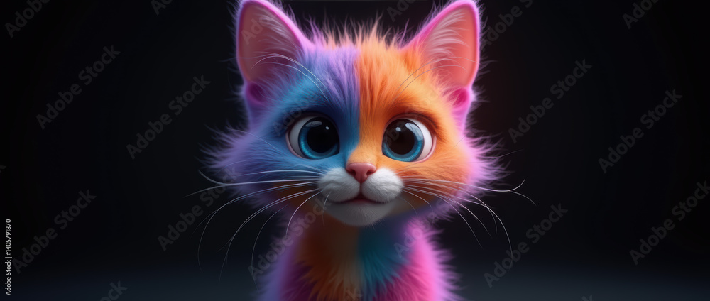 Vibrant and Playful Character Render of a Kitten with Surreal, Rainbow-Colored Fur and a Sweet, Innocent Expression.. Vibrant and Playful Character Render of a Kitten with Surreal, Rainbow-Colored Fur and a Sweet, Innocent Expression..