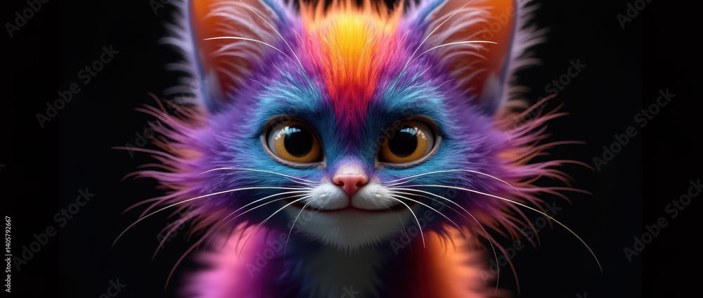 Vibrant and Playful Character Render of a Kitten with Surreal, Rainbow-Colored Fur and a Sweet, Innocent Expression.. Vibrant and Playful Character Render of a Kitten with Surreal, Rainbow-Colored Fur and a Sweet, Innocent Expression..