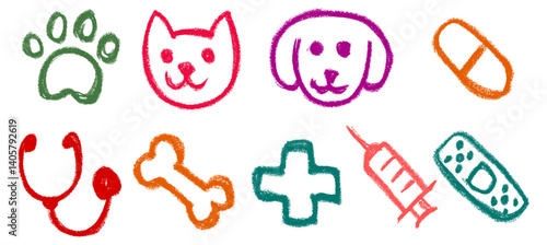 Vet Veterinary Small Icons Crayon Chalk Drawing Vector Set