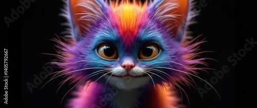 Vibrant and Playful Character Render of a Kitten with Surreal, Rainbow-Colored Fur and a Sweet, Innocent Expression..