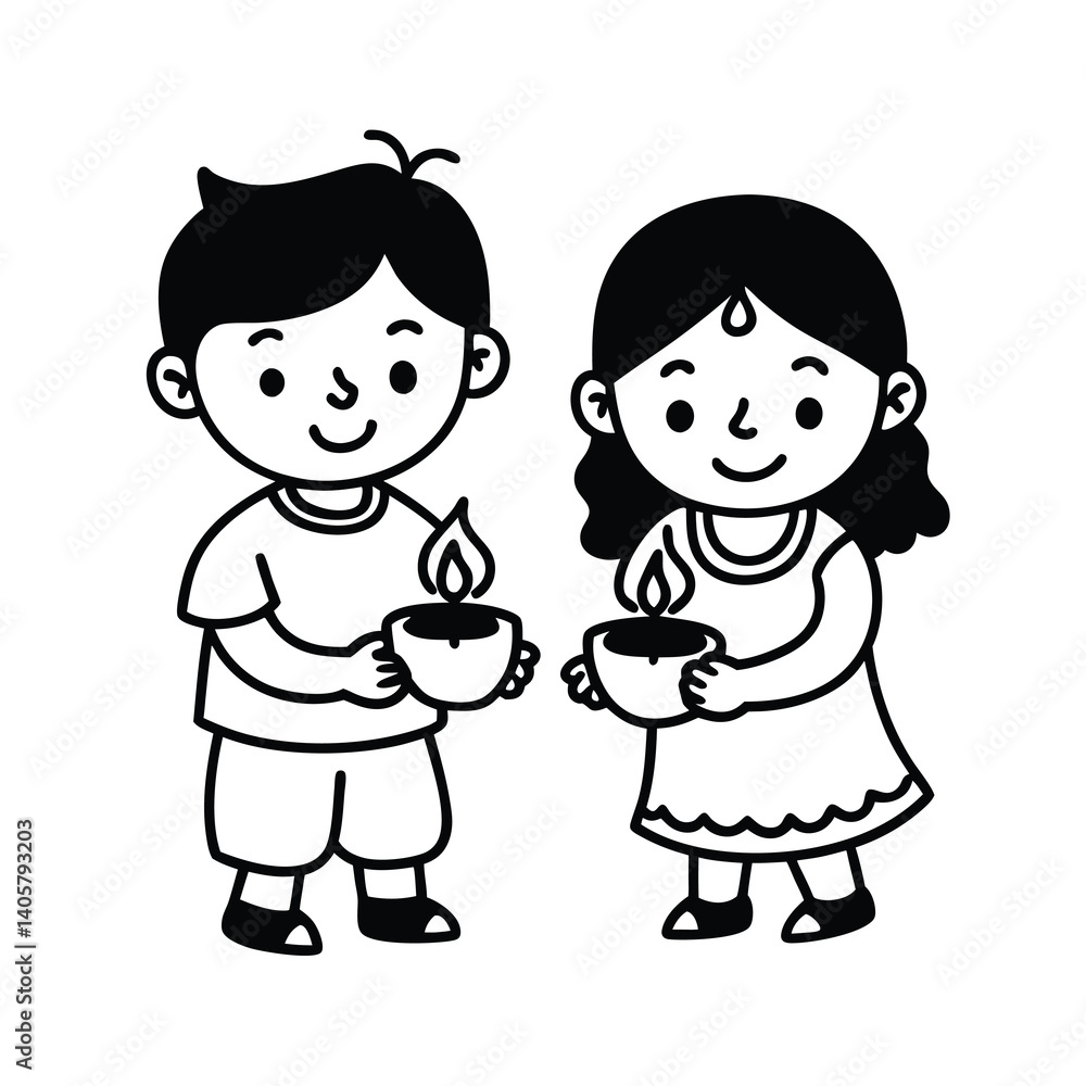 girl and boy Diwali lamp icon silhouette vector black and white girl and boy Diwali lamp icon silhouette vector black and white