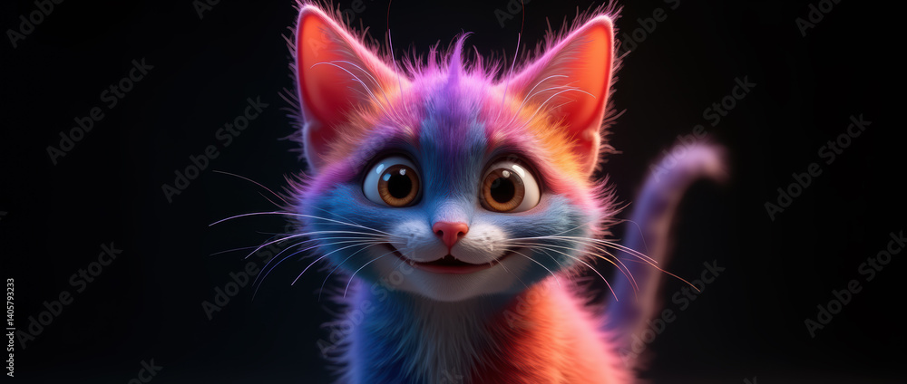 Vibrant and Playful Character Render of a Kitten with Surreal, Rainbow-Colored Fur and a Sweet, Innocent Expression.. Vibrant and Playful Character Render of a Kitten with Surreal, Rainbow-Colored Fur and a Sweet, Innocent Expression..