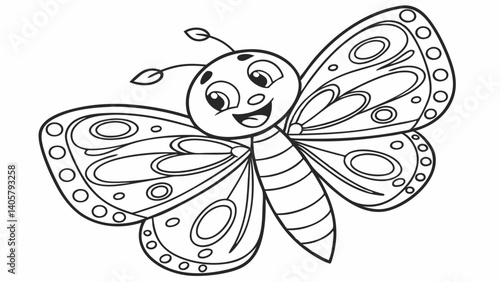 kids coloring page, a beautiful butterfly with patterned wings, cartoonish, friendly, thick outlines