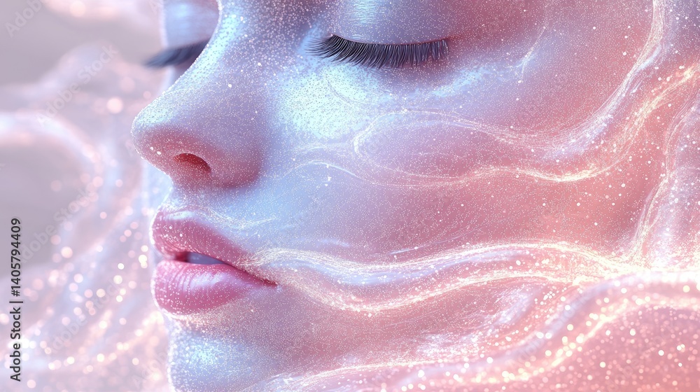 Radiant face with ethereal waves of light, glowing skin and soft features Radiant face with ethereal waves of light, glowing skin and soft features