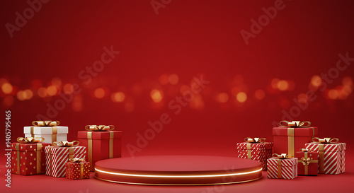 Wallpaper Mural Red Festive Podium: Gift Abundance, 3D Render AI Generated Torontodigital.ca