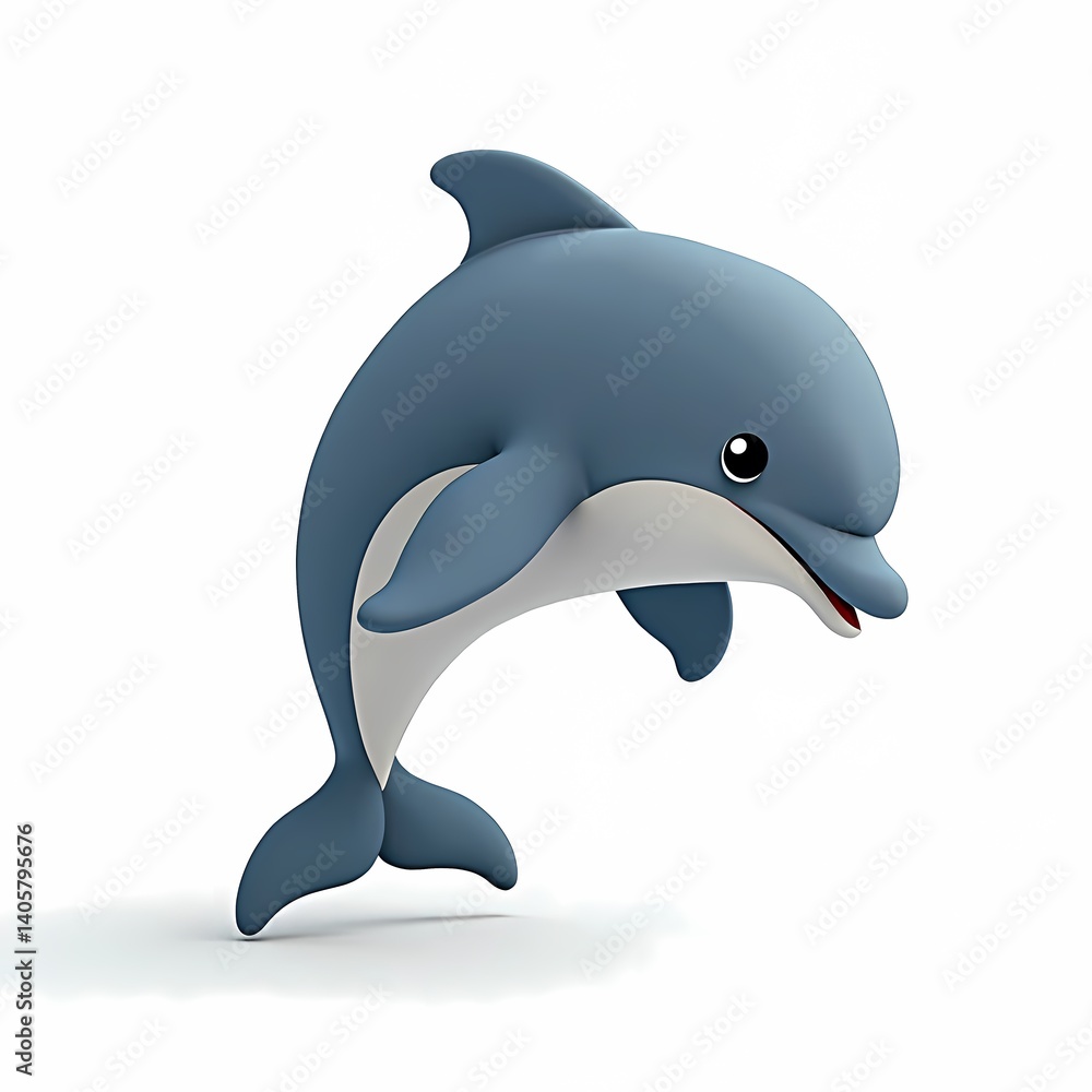Fototapeta premium A cartoon style illustration of a blue dolphin leaping out of the water on a white background