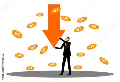 A businessman holds an arrow pointing downward amidst a rain of dollars, symbolizing inflation, declining sales, and the weakening dollar in a financial downturn article.