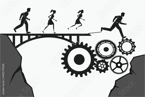 1 Black and white illustration, silhouettes of people running, bridge made of gears, gap between cliffs, metaphor for teamwork, surreal landscape, minimalist design, conceptual art, industrial element