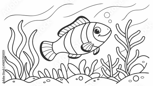 kids coloring page, a colorful fish swimming among seaweed, cartoonish, friendly, thick outlines