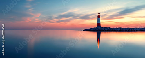 A Lighthouse Stands Alone in a Calm Sea at Sunset