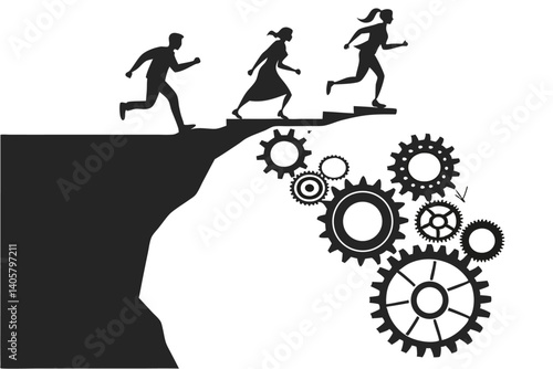 1 Black and white illustration, silhouettes of people running, bridge made of gears, gap between cliffs, metaphor for teamwork, surreal landscape, minimalist design, conceptual art, industrial element