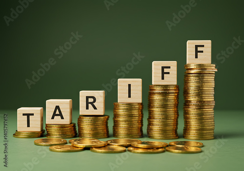 Wooden blocks spell out the word tariff on rising piles of gold coins, depicting financial concepts.