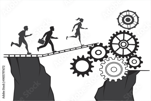 1 Black and white illustration, silhouettes of people running, bridge made of gears, gap between cliffs, metaphor for teamwork, surreal landscape, minimalist design, conceptual art, industrial element