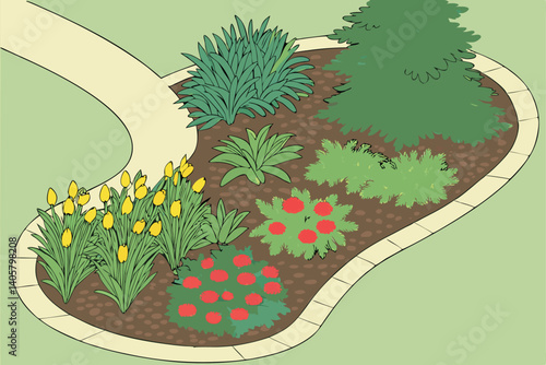 2 Aerial view, vibrant garden border, colorful flower bed, lush green lawn, diverse plant textures, blue spruce, succulents, ornamental grasses, red flowers, yellow blooms, curving mulch path, landsca