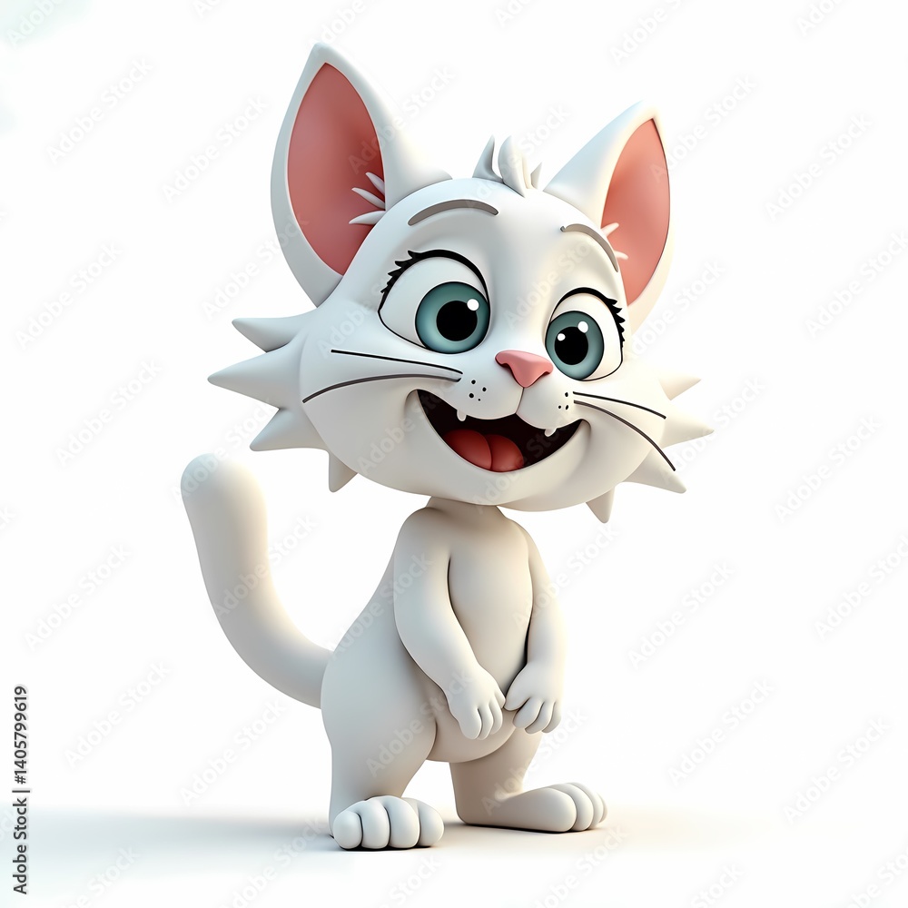 Obraz premium A cartoon white cat standing with a happy expression on a white background in a studio shot