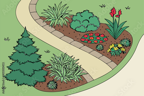 2 Aerial view, vibrant garden border, colorful flower bed, lush green lawn, diverse plant textures, blue spruce, succulents, ornamental grasses, red flowers, yellow blooms, curving mulch path, landsca