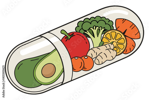 3 Transparent pill capsule, Fresh vegetables and fruits, Healthy nutrition concept, Dietary supplement visualization, Realistic food illustration, Vibrant colors, Green apple, Red tomato, Broccoli, Gi
