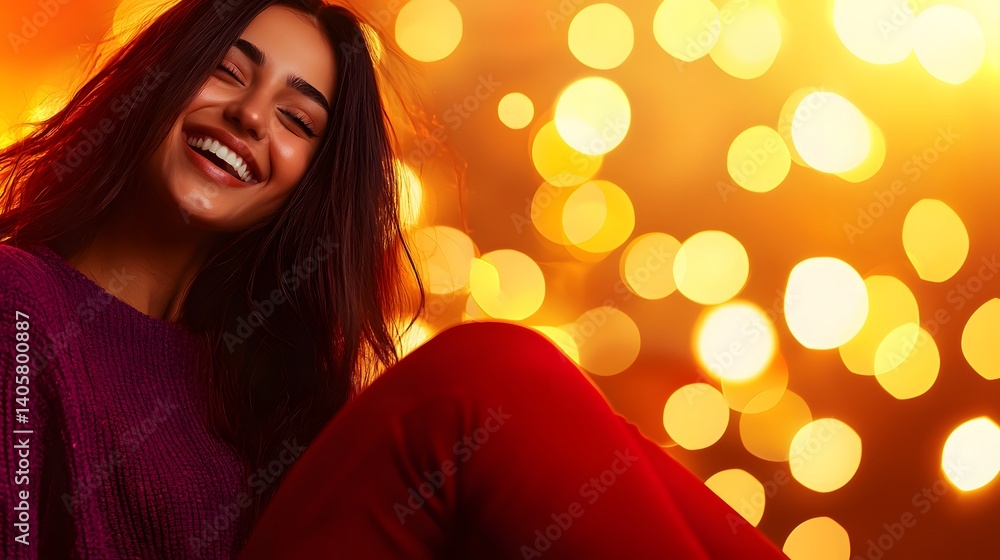 Joyful Young Woman Smiling and Posing Against a Colorful Bokeh Background with Warm Lights Joyful Young Woman Smiling and Posing Against a Colorful Bokeh Background with Warm Lights